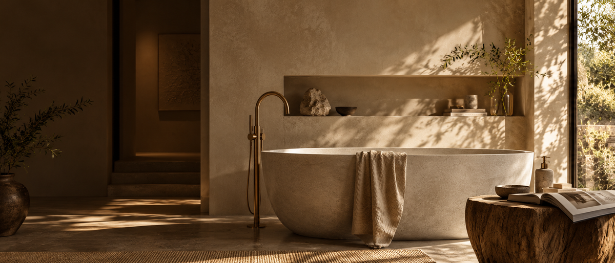 A freestanding oval bathtub in a warm, sunlit bathroom with textured plaster walls, a brass faucet, a draped towel, and natural light streaming through a window.